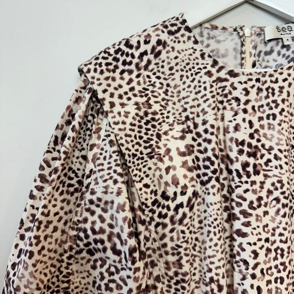 Sea New York Calla Belted Tunic Dress Mini Cheetah Leopard Long Sleeve Brown 4 - Picture 5 of 12
